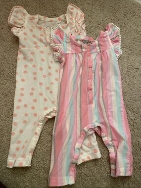 Jessica Simpson Baby Pink Multi-Stripe and Pink Polka Dot One-Piece Rompers